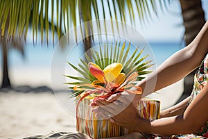 A woman sitting on a beach holding a gift