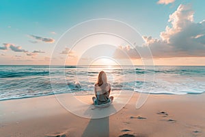 Woman sitting on beach watching the sunrise.