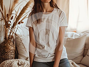 A woman sitting on a bed wearing a white t - shirt