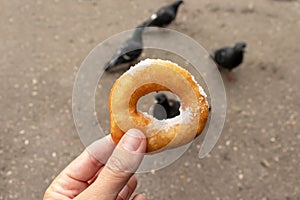 Woman sitting on a bench in park and holding beignet pastry, donut in hand, blurred pigeons on background, street fast food