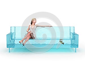 Woman sitting on blue water couch