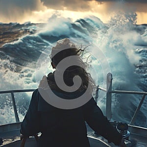 a woman is sitting on a boat looking at a stormy ocean