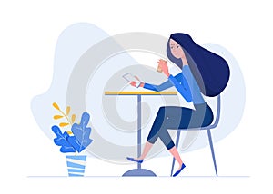 Woman sitting in cafe with mobile phone and drinking coffee. Female vector character illustration in flat style