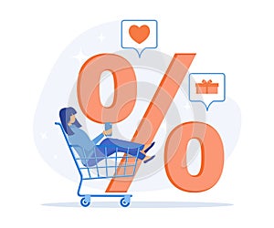 Woman sitting in cart and shopping online, Big discount, gifts and purchases, sales, seasonal sale at store,