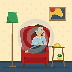 A woman sitting in a chair at home talking on the phone. Cozy conversations with a friend. Flat vector illustration