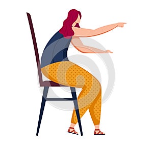 Woman sitting on chair pointing finger with authority, assertive posture and directive gesture. Confident female