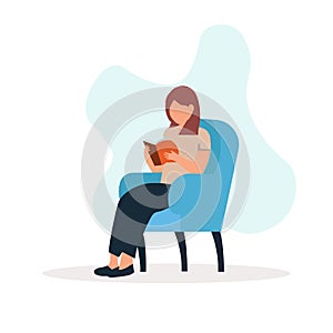 Woman sitting on chair reading a book. The concept of love for books and reading, learning, exam preparation. Vector illustration.