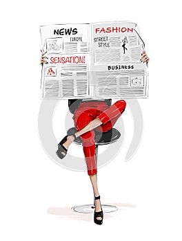 Woman sitting on chair and reading newspaper. Woman wearing red trousers. Girl holding newspaper.