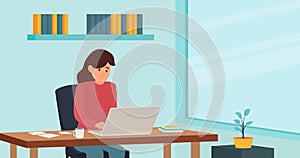 Woman sitting on chair and working from home on laptop during corona virus pandemic quarantine in flat icon design
