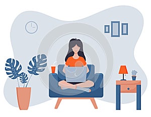 A woman is sitting on a chair and working with a laptop. The concept of remote work or study in the home office. Home interior of