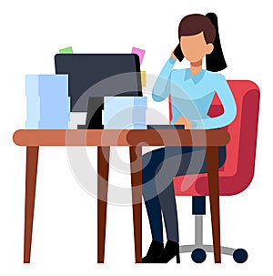 Woman sitting at computer desk and calling on phone. Office job concept