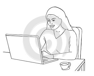 Woman sitting with computer laptop working in flat design vector illustration with white background.