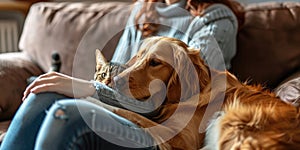 A woman is sitting on a couch with a cat and a golden retriever dog AIG51A
