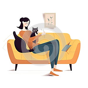 a woman sitting on a couch with a cat on her lap and a cat sitting on her lap looking at a book on her lap