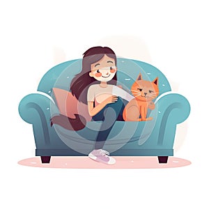 a woman sitting on a couch with a cat on her lap and a laptop on her lap, with a cat sitting on her lap