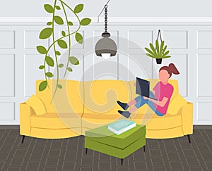 Woman sitting on couch girl using laptop contemporary living room interior home modern apartment design flat horizontal