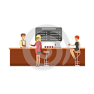 Woman Sitting At The Counter On Bar Chair At The Coffee Shop Drinking Coffee While Another Client Is Ordering Vector