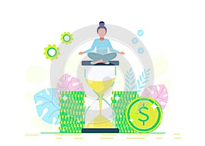 Woman Sitting Cross Legged Meditating on Hourglass, Time Management, Work Planning, Organization. Vector Illustration