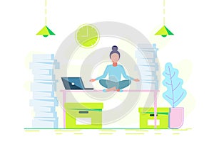 Woman Sitting Cross Legged Meditating, Time Management, Work Planning, Organization. Vector illustration