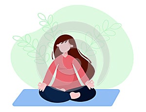 Woman is sitting with crossed legs and meditate. Concept illustration for yoga, pranayama, meditation, relax, healthy