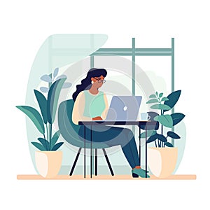 Woman sitting at the desk with laptop, work place modern concept, vector illustration