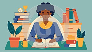 A woman sitting at a desk surrounded by open books and research materials carefully crafting her Juneteenth speech with