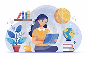 A woman sitting on the floor, engrossed in reading a book, Woman reading book computer and globe, Simple and minimalist flat photo