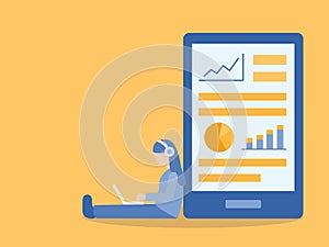 Woman sitting on the floor. Learning online course.