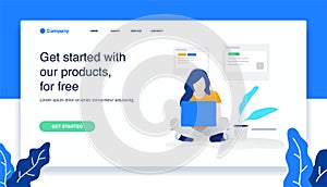 Woman sitting on the floor looking at her laptop. landing page illustration