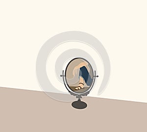 Woman sitting on floor reflected in mirror. Elegant and artistic of a mini circular mirror.