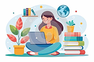 Woman sitting on floor using laptop for online education concept, woman sitting with laptop,online education concept distance