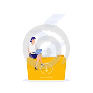 Woman sitting on a folder downloading work. Concept of file download, data storage, cloud computing service, digital information