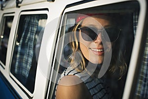 Woman Sitting in Front Seat of The Car Road Trip Travel