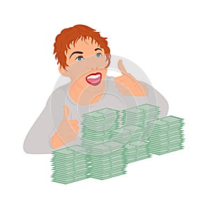 A woman is sitting in front of a wad of money and shows a class gesture