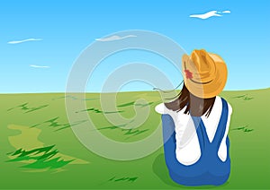 A woman sitting in the grass with a view of the vast grassland. Flat style cartoon illustration vector