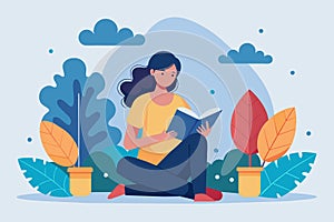 A woman sitting on the ground outdoors, engrossed in reading a book, woman reading outdoors, Simple and minimalist flat Vector photo