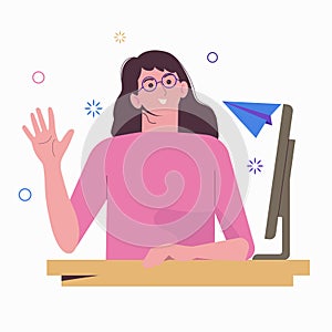 Woman sitting at laptop. Girl using computer for work, chating, searching and dating. Email newsletter. Flat cartoon illustration