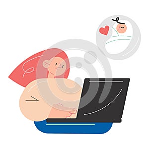 Woman sitting with laptop and trying to choose between work and giving birth to baby