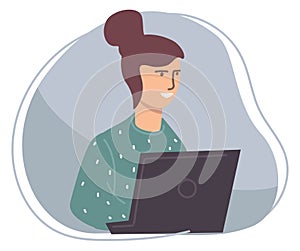 Woman sitting by laptop, worker or student vector