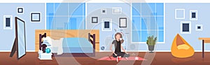 woman sitting lotus pose girl breathing oxygen and carbon dioxide transport cycle gas exchange concept bedroom interior