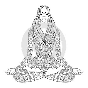 Woman sitting in lotus pose. Vector ornate girl silhouette for
