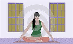 The woman sitting in lotus pose on a yoga mate in a room with windows, doing pranayama breath exercise. Relaxation and