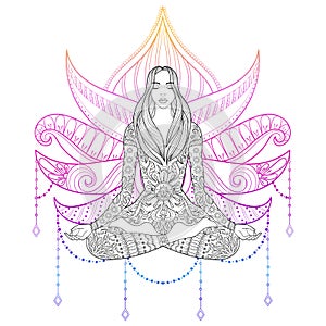 Woman sitting in lotus position on color background. Vector orn