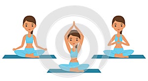 Woman sitting in lotus yoga pose. Vector illustration.