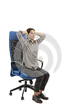 Woman sitting on the office chair and doing head moves