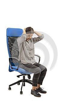 Woman sitting on the office chair and doing head moves