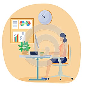 Woman sitting in ofice and typing on computer. Concept flat vector illustration of worker, business. Correct position