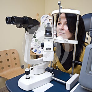 Woman sitting in optician machine