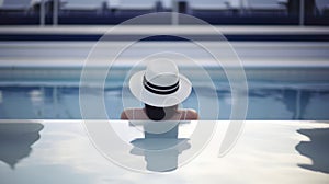 Woman sitting in an outdoor swim pool. Generative AI