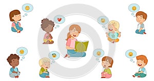 Woman Sitting and Reading Children Fairytale with Kids Expressing Different Emotion Vector Illustration